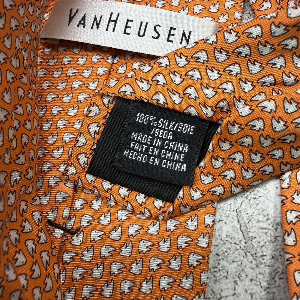 Van Heusen Silk Tie Mens One Size Orange Animal Print Fish Made In China Necktie